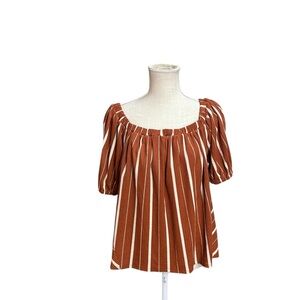 Anthropologie Short Sleeve Off Shoulder Blouse Shirt Rust Brown Striped Womens M